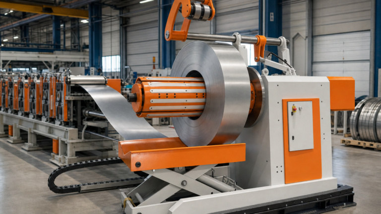 Hydraulic and motorized decoiler; coil-handling equipment for forming-line feed. performing coil processing in a metal fabrication shop