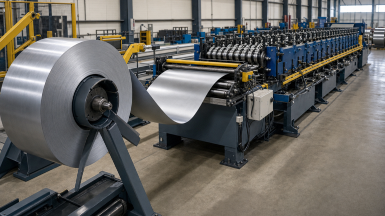 Hydraulic and motorized coil decoiler performing coil processing in a metal fabrication shop