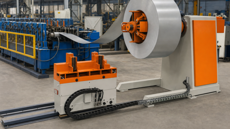 Coil entry and feeding performing coil processing in a metal fabrication shop