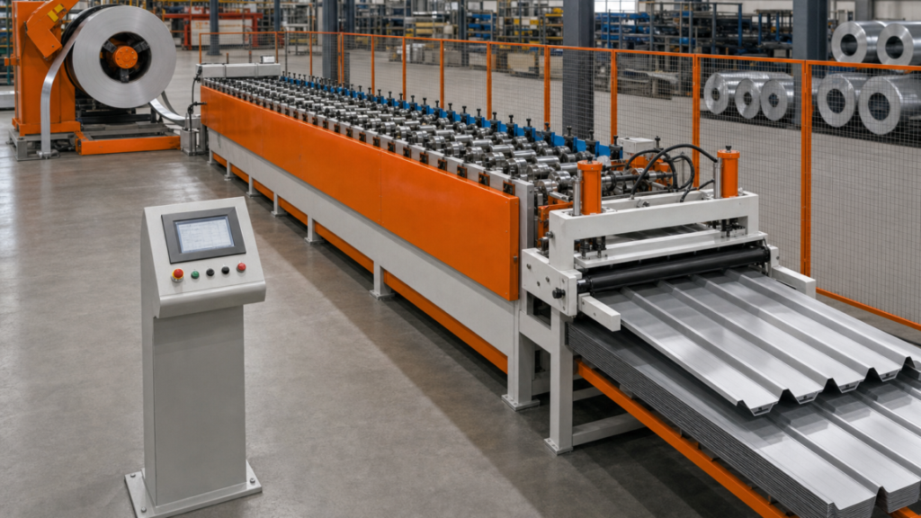 Forming-line flow performing Coil-fed multi-profile roofing roll forming with cutoff and discharge in a metal fabrication shop