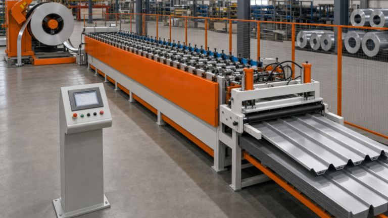 Forming-line flow performing Coil-fed multi-profile roofing roll forming with cutoff and discharge in a metal fabrication shop