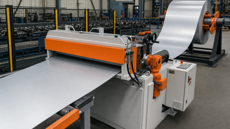 Coil entry and feeding performing Coil-fed cut-to-length blanking for roofing sheet metal in a metal fabrication shop