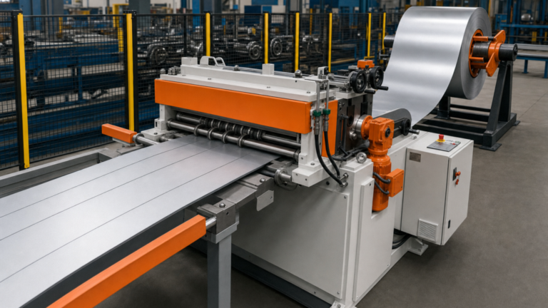 Coil entry and feeding performing Coil slitting and cut-to-length sheet processing in a metal fabrication shop