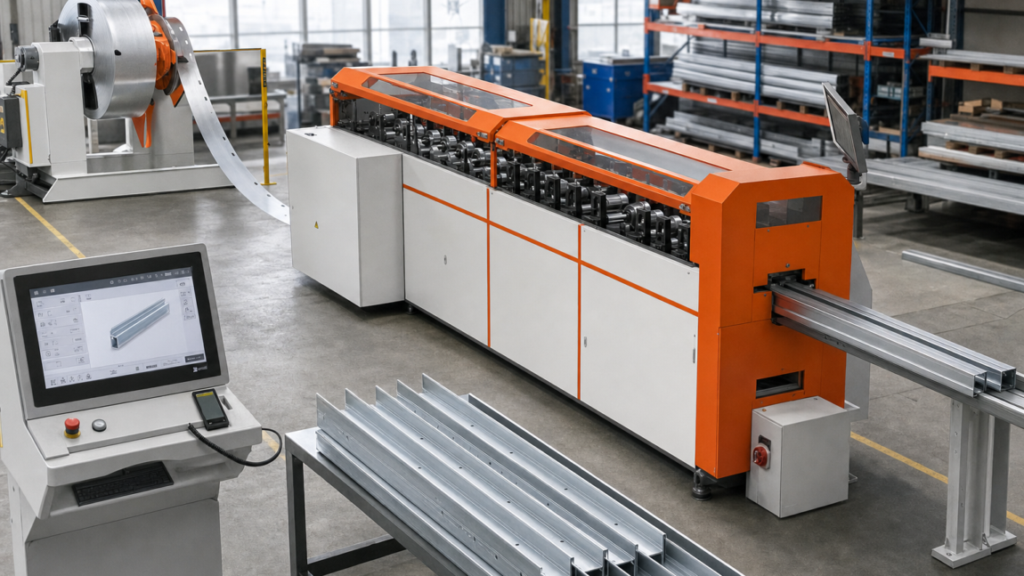 Forming-line flow performing Light-gauge steel framing roll forming with integrated punching and digital control in a metal fabrication shop