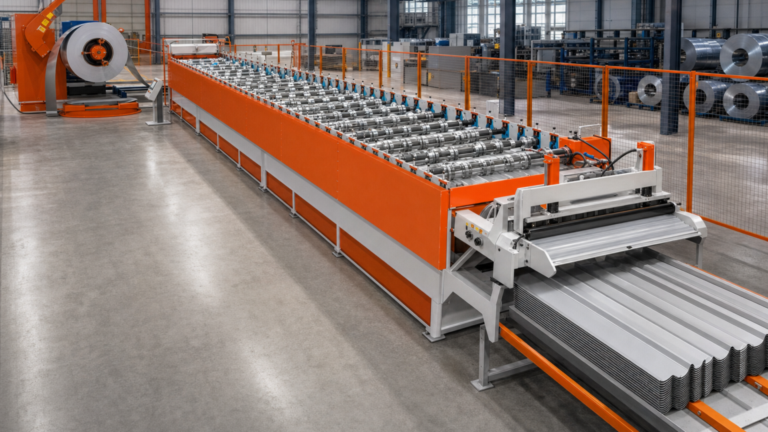 Roofing production performing Coil-fed multi-profile roofing roll forming in a metal fabrication shop