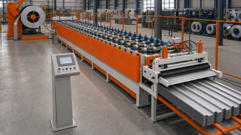 Forming systems performing Coil-fed roofing roll forming with automated cutoff and discharge in a metal fabrication shop