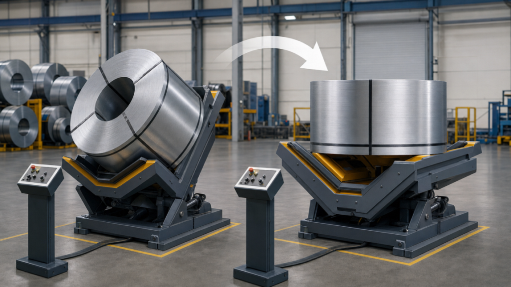 Coil handling and orientation equipment used upstream of coil-processing lines. performing Powered 90-degree metal-coil orientation before coil processing in a metal fabrication shop