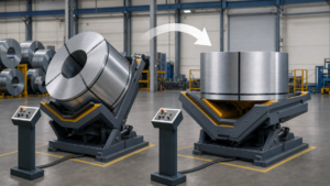 Coil handling and orientation equipment used upstream of coil-processing lines. performing Powered 90-degree metal-coil orientation before coil processing in a metal fabrication shop