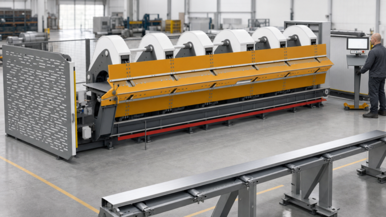 CNC long double folder performing STEFA VHX-style CNC long double folding in a metal fabrication shop