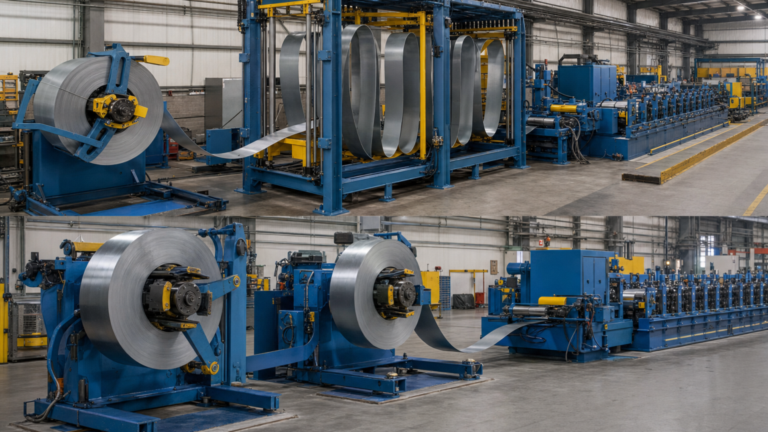 Strip accumulators and coil-roll-forming entry equipment performing Coil changeover strategies at a roll-forming line entry in a metal fabrication shop