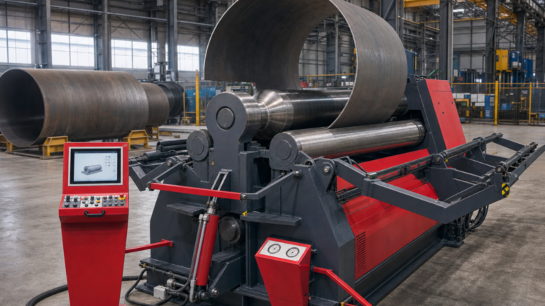 Four-roll plate bending machines performing plate rolling in a metal fabrication shop