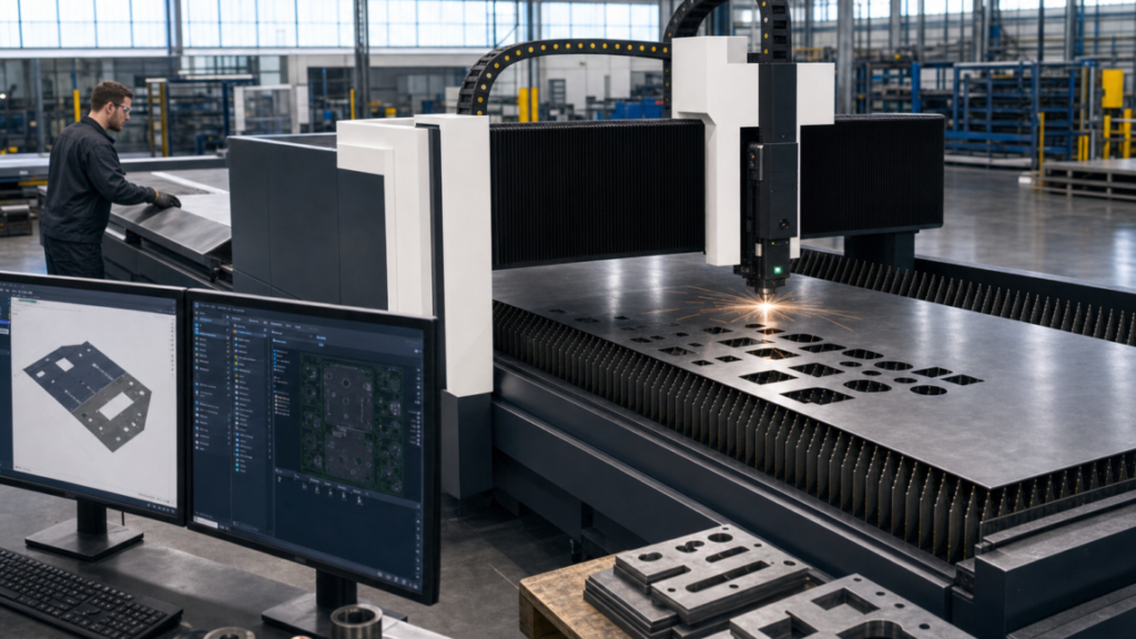 Flat-sheet fiber laser cutting machines performing fiber laser cutting in a metal fabrication shop