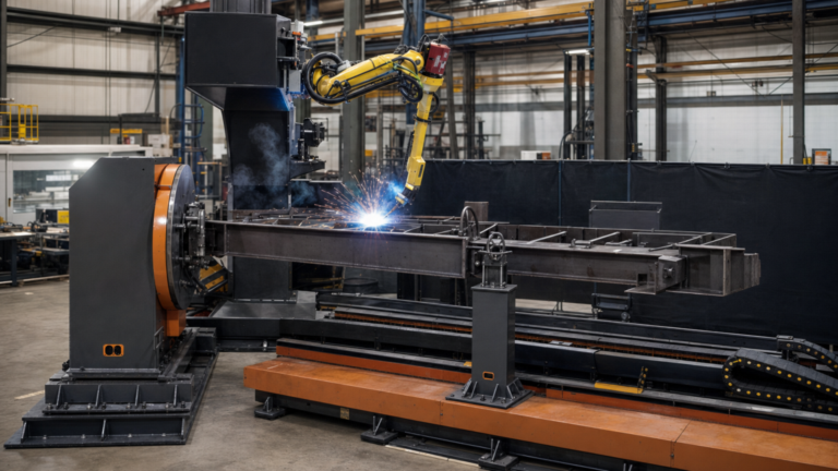 Modular robotic welding systems for medium-to-large fabricated parts performing Heavy robotic welding of a medium-to-large fabricated assembly in a metal fabrication shop