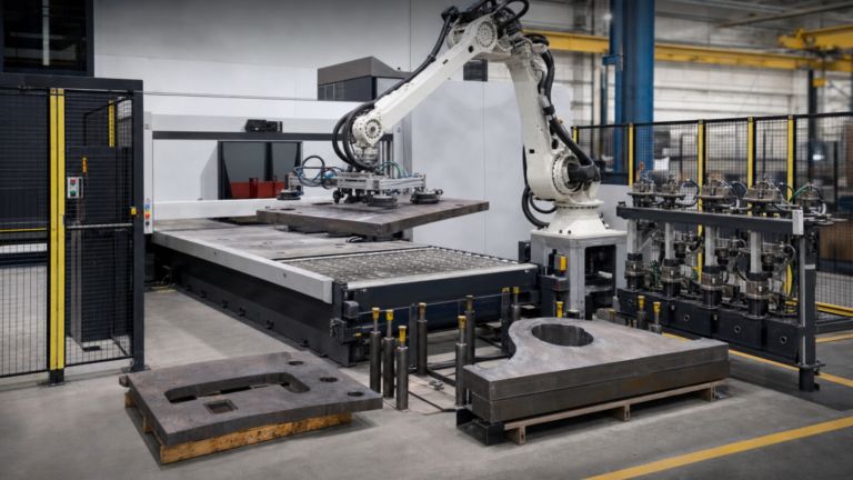 Layout and material handling performing Teqram EasyGrinder-style robotic plate preparation and handling in a metal fabrication shop