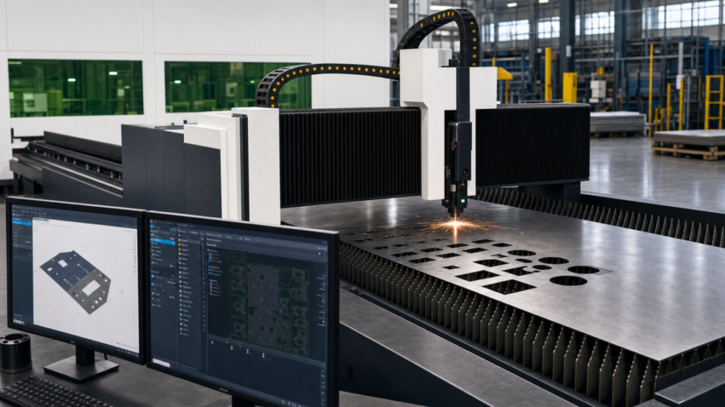 Compact flat-sheet fiber laser cutting machines performing fiber laser cutting in a metal fabrication shop