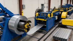 Forming-line flow performing coil processing in a metal fabrication shop