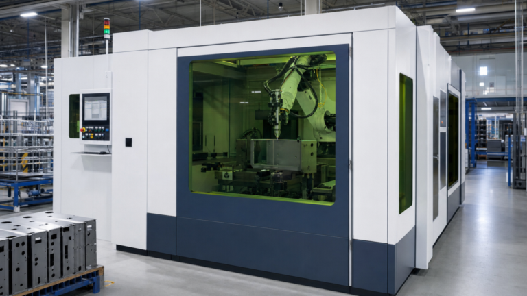 Enclosed robotic laser-welding cells performing TRUMPF TruLaser Weld 3000–informed enclosed robotic laser welding in a metal fabrication shop