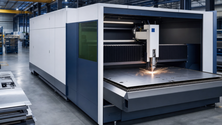 2D sheet fiber-laser cutting machine performing TRUMPF TruLaser Series 5000 2D sheet fiber-laser cutting in a metal fabrication shop