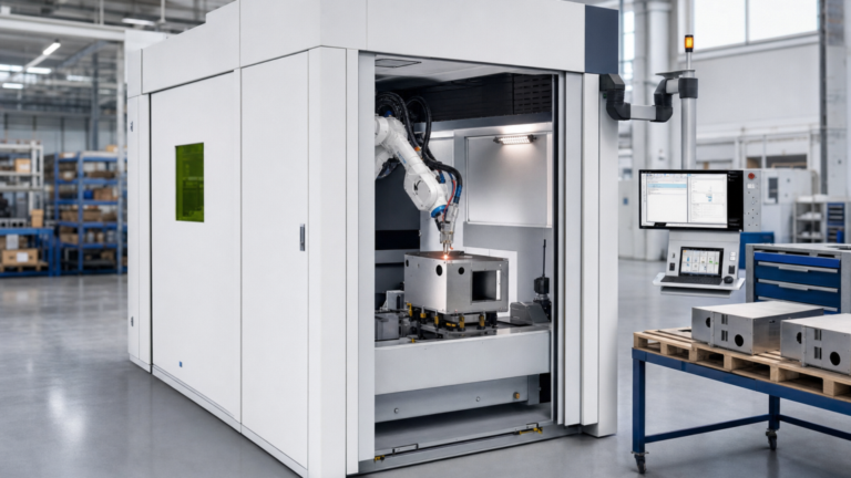 High-mix production performing Enclosed robotic laser welding of high-mix sheet-metal assemblies in a metal fabrication shop
