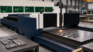 Large-format flat-sheet fiber laser cutting systems performing fiber laser cutting in a metal fabrication shop