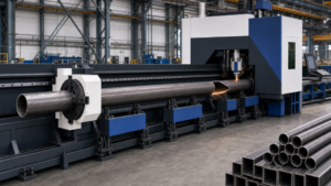 Tube fiber laser performing CNC tube laser cutting in a metal fabrication shop