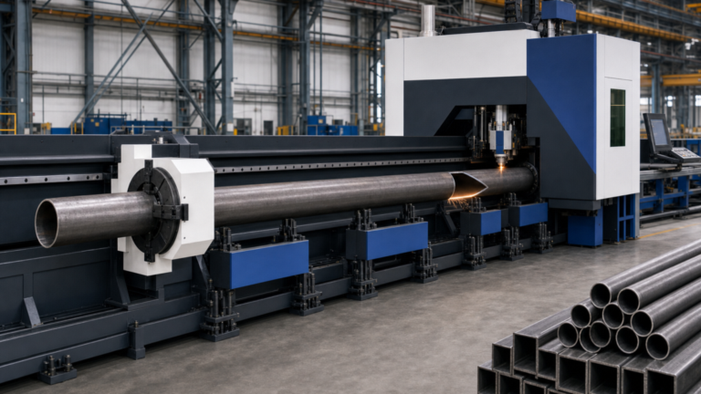 Tube fiber laser performing CNC tube laser cutting in a metal fabrication shop