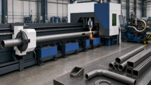 Tube laser cutting machine performing CNC tube laser cutting in a metal fabrication shop