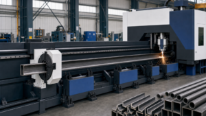 Heavy-duty fiber tube laser performing CNC tube laser cutting in a metal fabrication shop