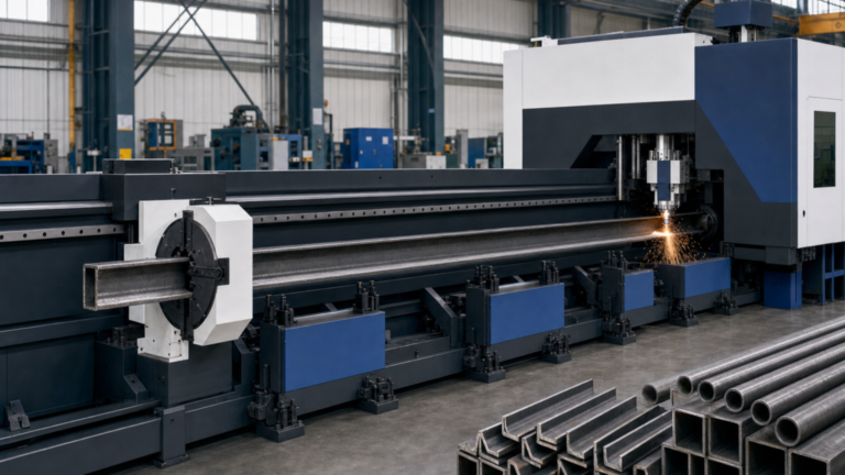 Heavy-duty fiber tube laser performing CNC tube laser cutting in a metal fabrication shop