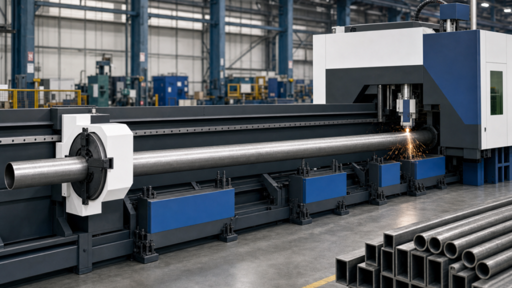 Tube fiber laser cutting machine performing CNC tube laser cutting in a metal fabrication shop