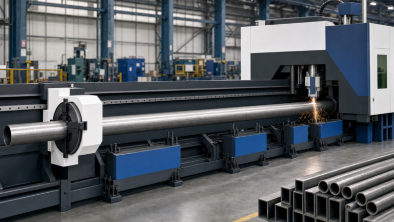 Tube fiber laser cutting machine performing CNC tube laser cutting in a metal fabrication shop