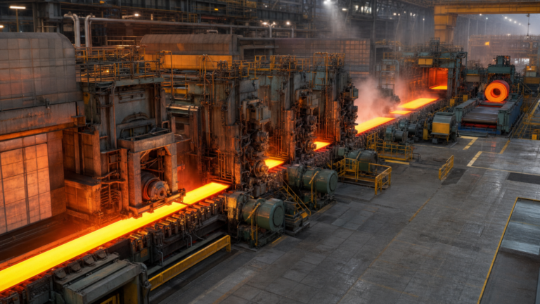 Hot-strip mill / upstream flat-rolled steel production performing Hot-strip rolling of steel slabs into coil in a metal fabrication shop