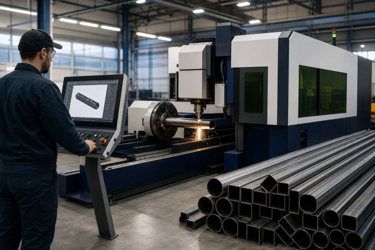 AI-generated editorial illustration for Used vs. New CNC Tube Lasers in 2026