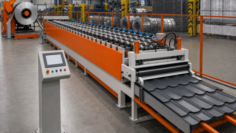 Roofing roll forming line performing Fixed coil-fed roofing panel roll forming line in a metal fabrication shop