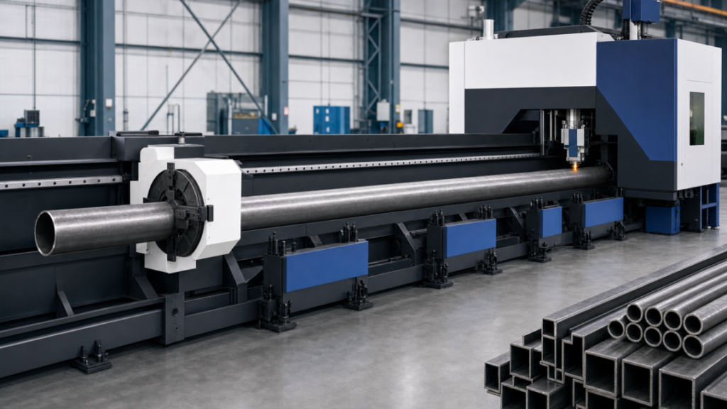 Tube laser cutting machine performing CNC tube laser cutting in a metal fabrication shop