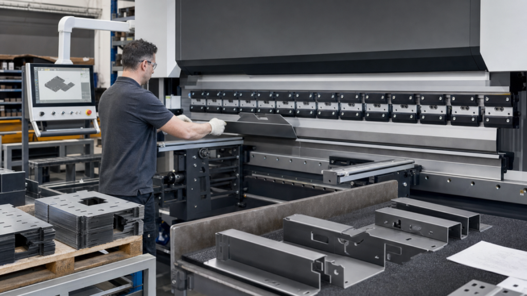 Press Brakes performing Laser-cut sheet-metal blanks entering CNC press-brake forming in a metal fabrication shop