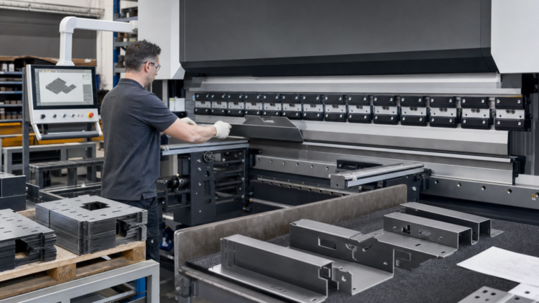 Press Brakes performing Laser-cut sheet-metal blanks entering CNC press-brake forming in a metal fabrication shop