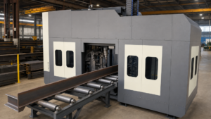 Structural flow performing structural beam processing in a metal fabrication shop