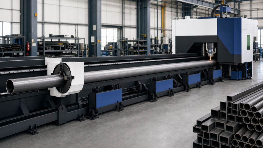 Tube laser cutting machine performing CNC tube laser cutting in a metal fabrication shop
