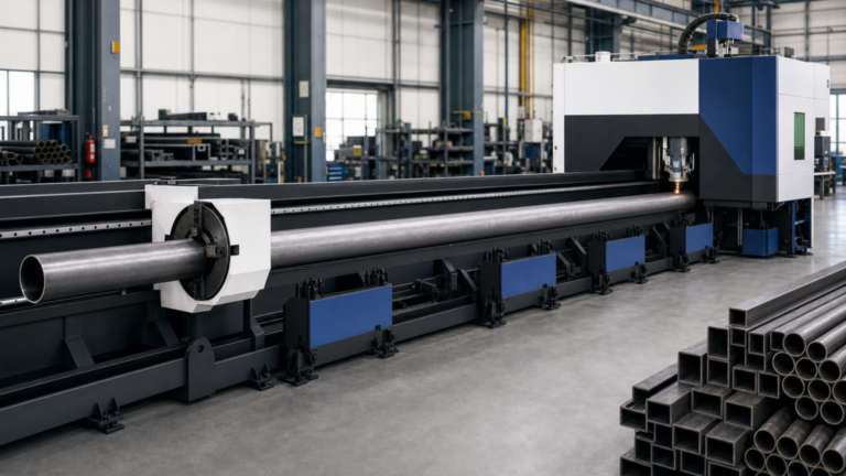Tube laser cutting machine performing CNC tube laser cutting in a metal fabrication shop