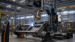 Modular robotic welding system performing Modular robotic arc welding of medium-to-large fabricated assemblies in a metal fabrication shop