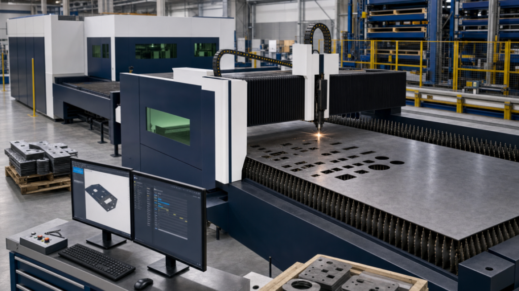 2D sheet fiber-laser cutting performing fiber laser cutting in a metal fabrication shop