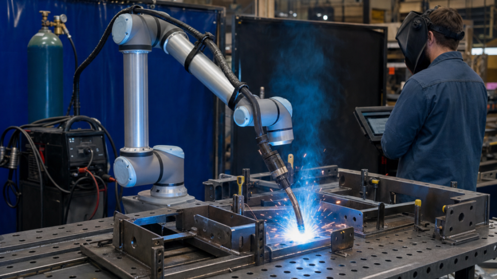 Cobot robotic welding cells performing Collaborative-robot GMAW welding of a fabricated metal part in a metal fabrication shop