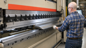 Press-brake tooling, clamping, crowning, and custom tooling performing Press-brake tooling changeover and crowning in a metal fabrication shop