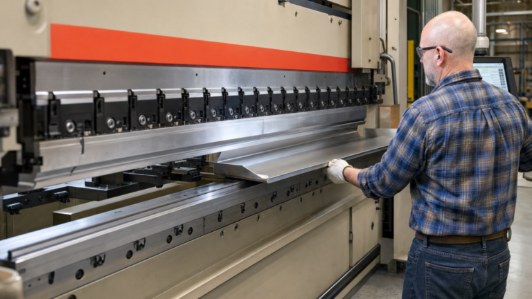 Press-brake tooling, clamping, crowning, and custom tooling performing Press-brake tooling changeover and crowning in a metal fabrication shop