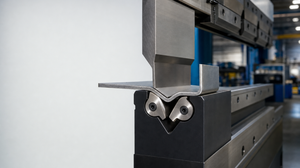 Press-brake tooling performing Short-flange sheet-metal bending with Wilson V-Series Black-style rotating-insert dies in a metal fabrication shop