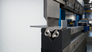 Press-brake tooling performing Short-flange sheet-metal bending with Wilson V-Series Black-style rotating-insert dies in a metal fabrication shop